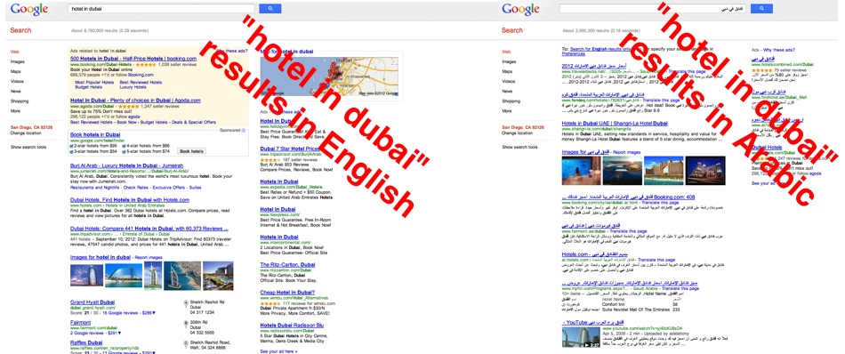 dubai search results arabic vs english 
