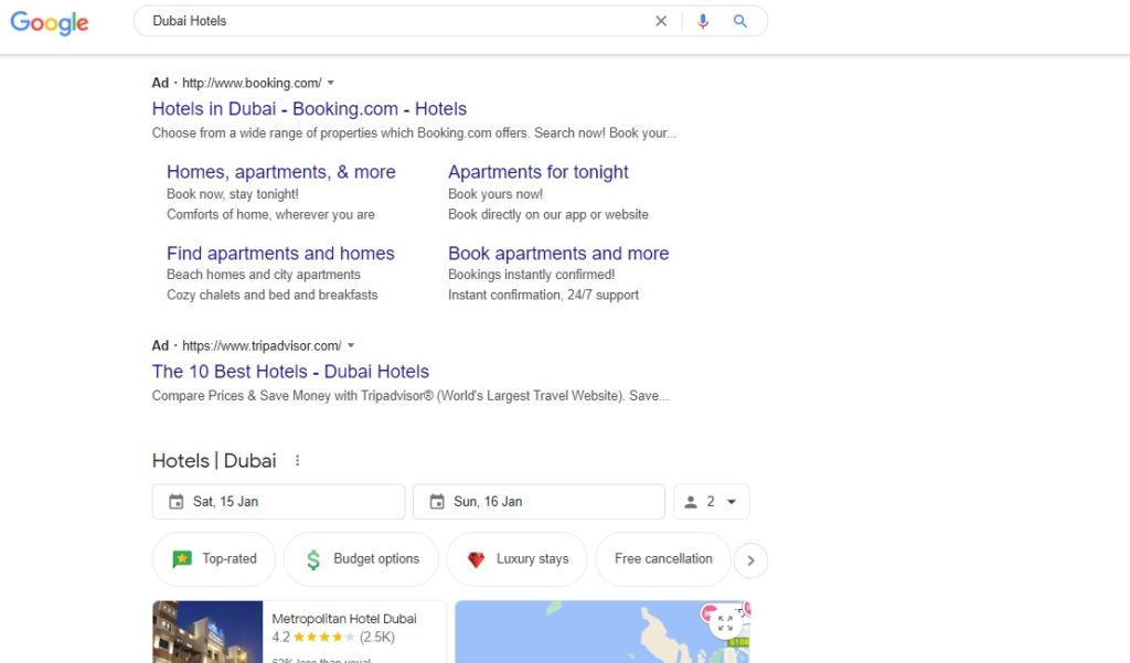 Dubai Hotels Google search